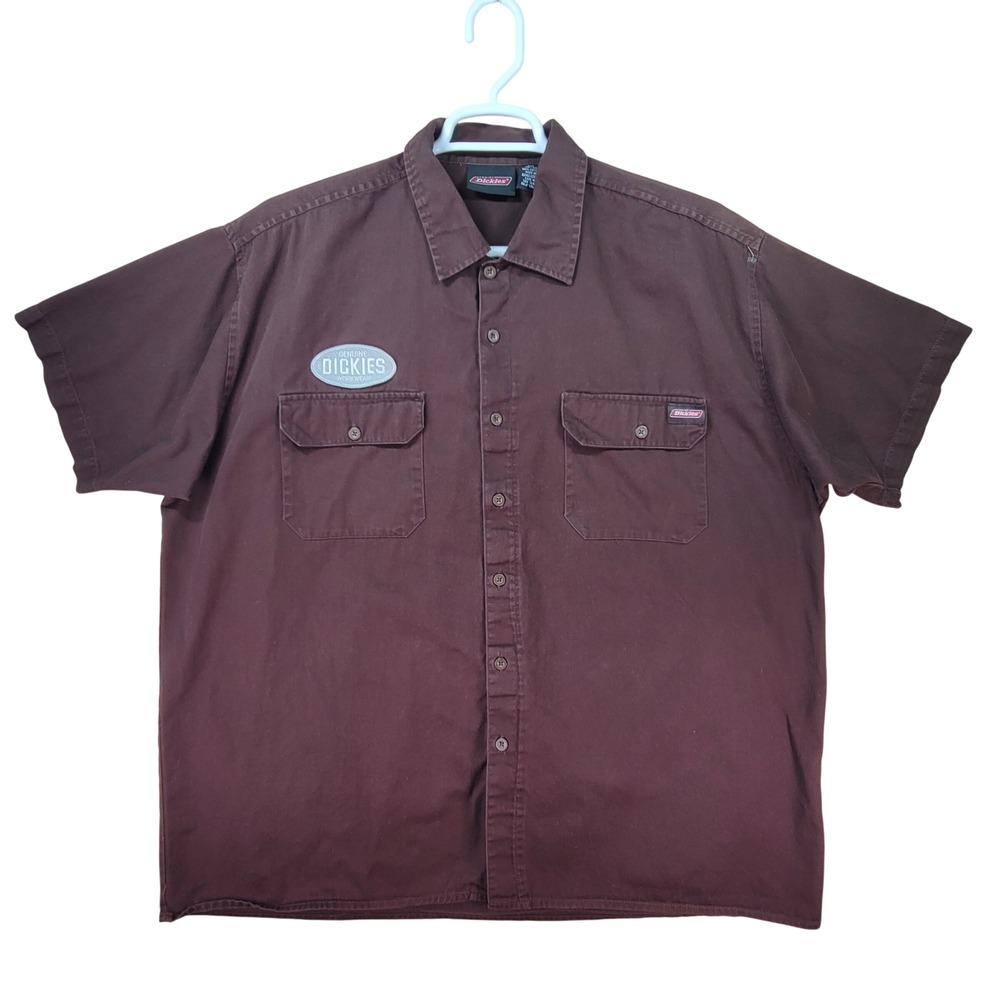Dickies Work Shirt Mens 2XL Brown Short Sleeve Button Up Patch Logo Vintage